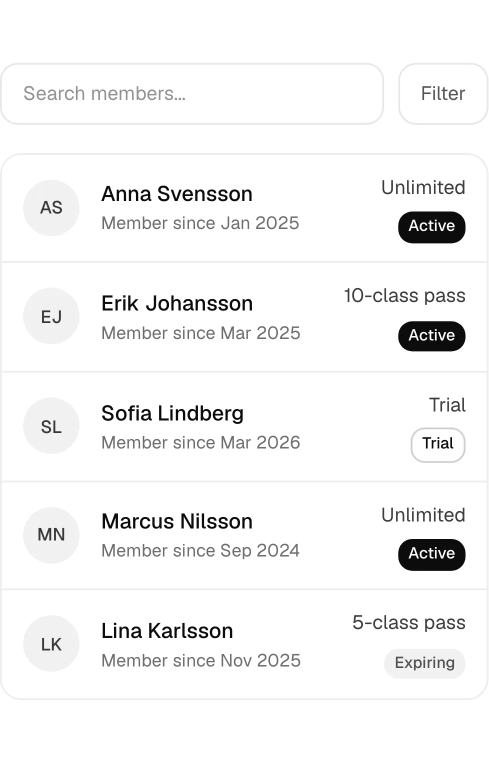 Search members... Filter AS Anna Svensson Member since Jan 2025 Unlimited Active EJ Erik Johansson Member since Mar 2025 10-class pass Active SL Sofia Lindberg Member since Mar 2026 Trial Trial MN Marcus Nilsson Member since Sep 2024 Unlimited Active LK Lina Karlsson Member since Nov 2025 5-class pass Expiring